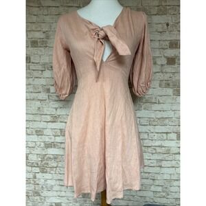 In The Beginning Size S Dress Blush Pink 3/4 Puff Sleeves‎ Tie Front Linen Short